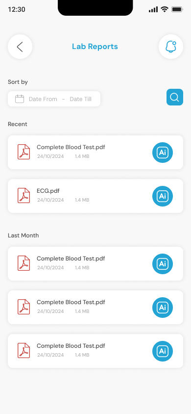 Doctor app lab reports screen with AI-enhanced document management