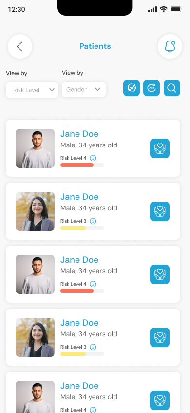 Doctor app patients list with risk level indicators