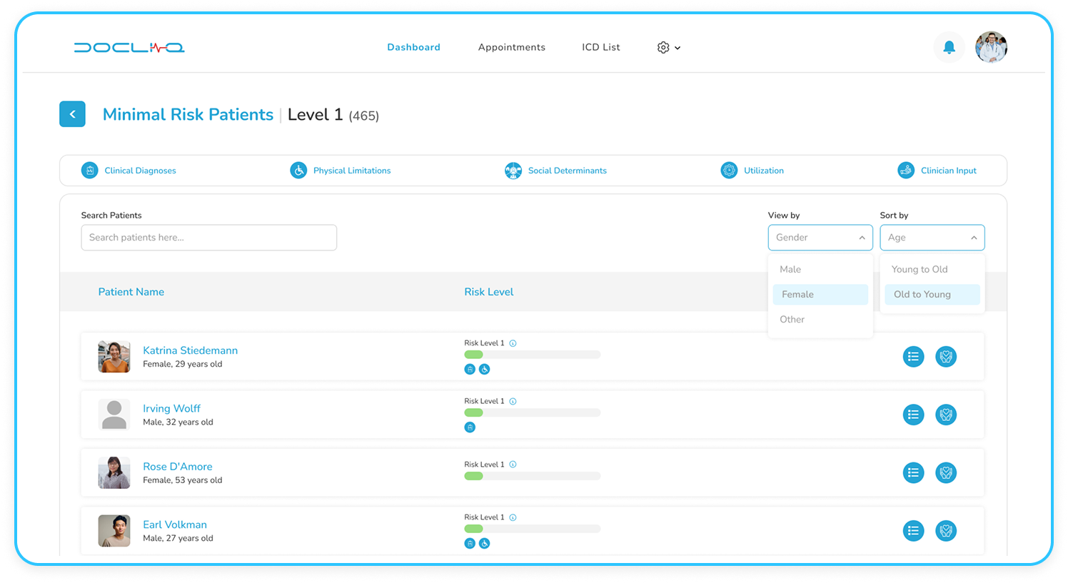 Patient risk management screen showing minimal risk patients