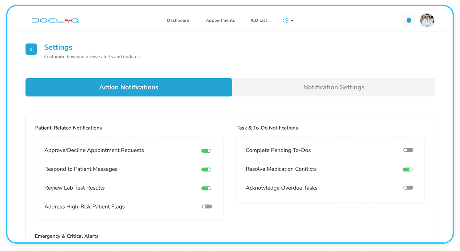 Settings page for customizing notifications and alerts